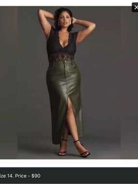 Anthropologie Olive Faux Leather High-Waist Midi Skirt with Front Slit